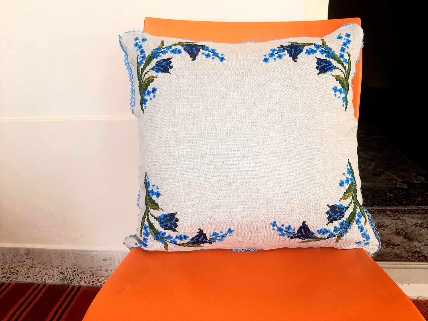 2 Pcs cushion covers- Handmade Cross Stitch Blue Floral Four Corner Cushion Cover 17x17" Silver Jute