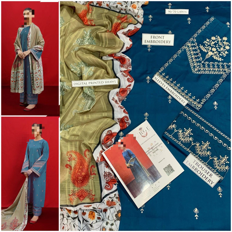 Stylish Lawn Outfit with Digital Shawl – 3PC Unstitched for Festive Wear