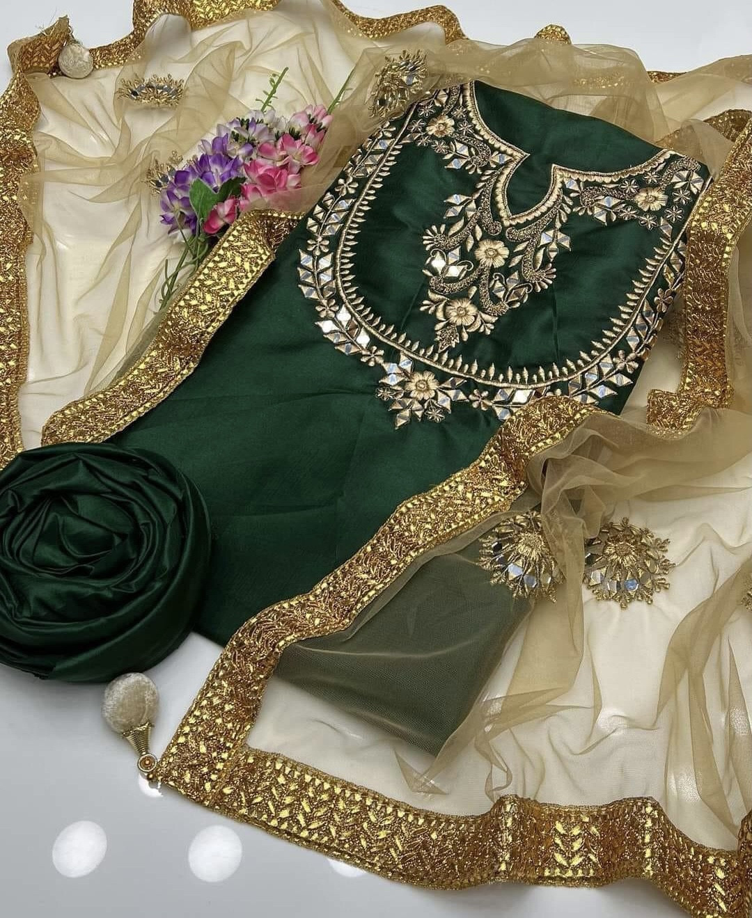 3 Pcs Women's Unstitched Mirror Work Suit