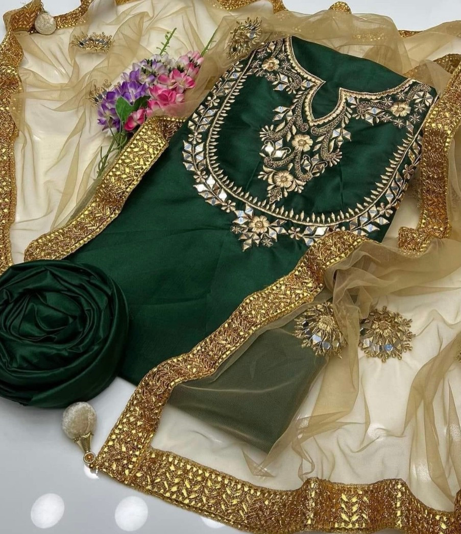 3 Pcs Women's Unstitched Mirror Work Suit