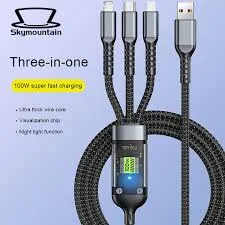 3 in 1 USB Cable Fast Charging, Transparent Luminous 100w Super Fast Charging Cable, Durable Nylon braiding, Charging Solution for Type-C, iPhone, and Android Devices